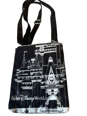 Walt Disney World Black Canvas Crossbody Bag With Castle Design & Zipper Closure